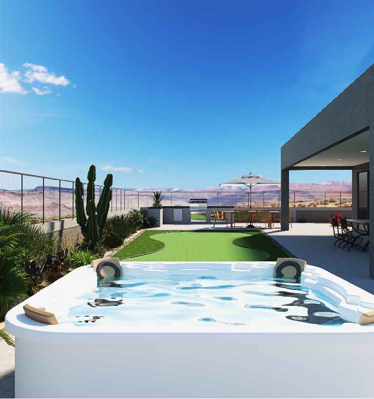 Backyard spa and putting green at a Greenehaven custom home