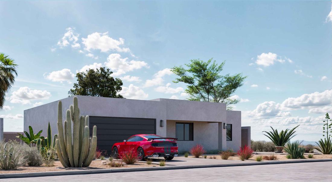 Modern desert home with boat garage at Greenehaven, Lake Powell