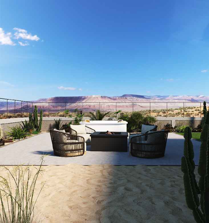 Outdoor lounge and hot tub with desert views at Greenehaven
