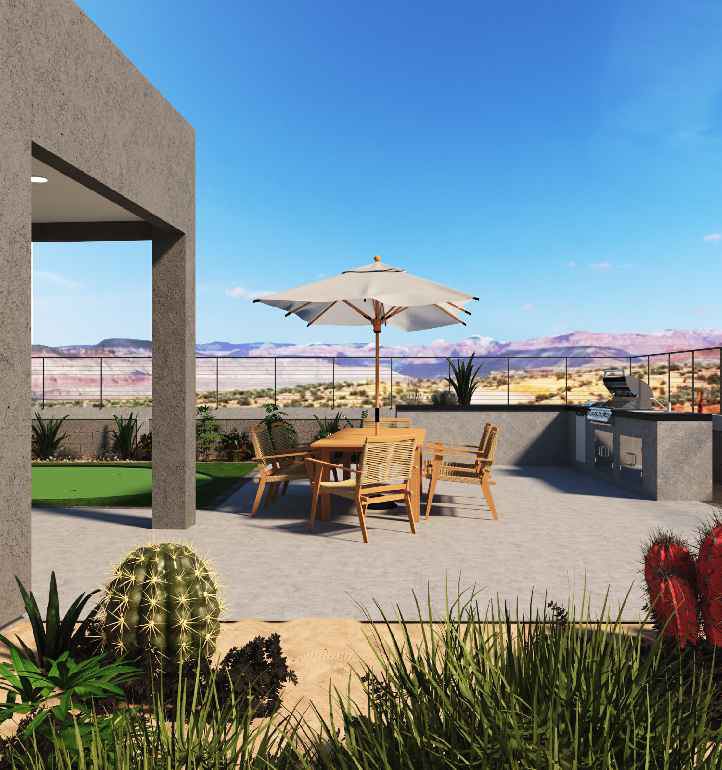 Covered patio dining with canyon views at Greenehaven
