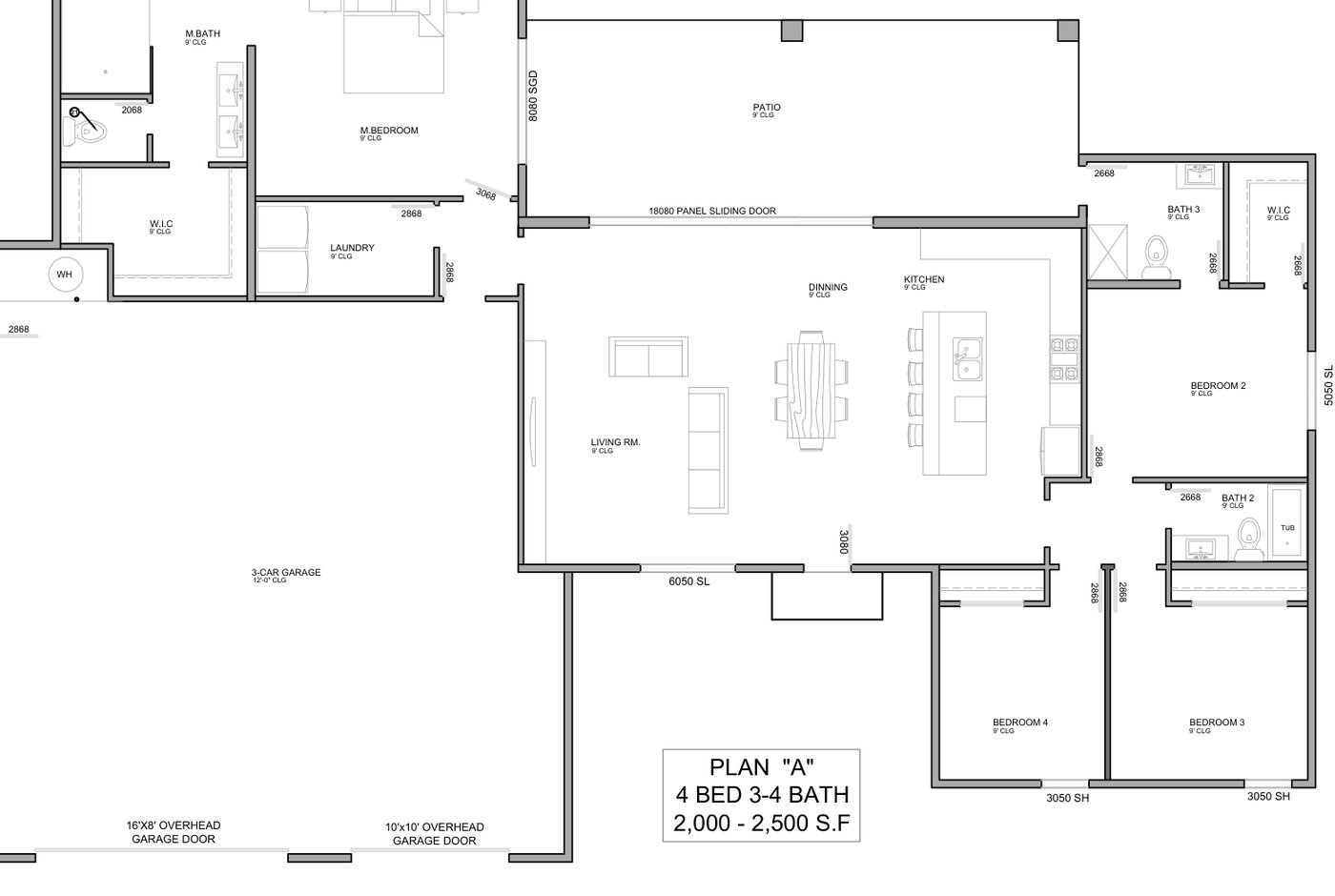 Plan A custom floor plan, 4 bed, 3 to 4 bath, 2,000 to 2,500 square feet